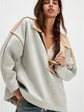 Free People Two-Tone Sherpa Hoodie Jacket in Cream & Tan